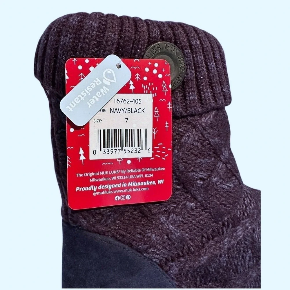 NWT Muk Luks Womens Knit Button Booties Navy‎ Black Cozy Slipper Boots Sz 7